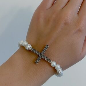 Elegant Silver Cross and Pearl Bracelet